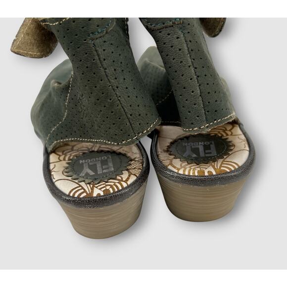 Fly London Olive Green Perforated Leather Wedge Sandals Size 41 - Picture 3 of 8